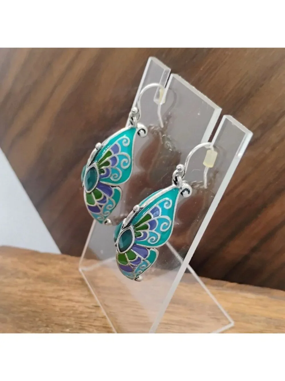 Double Sided Enamel Butterfly Wing Earrings Blue Purple Green Silver 1.5
